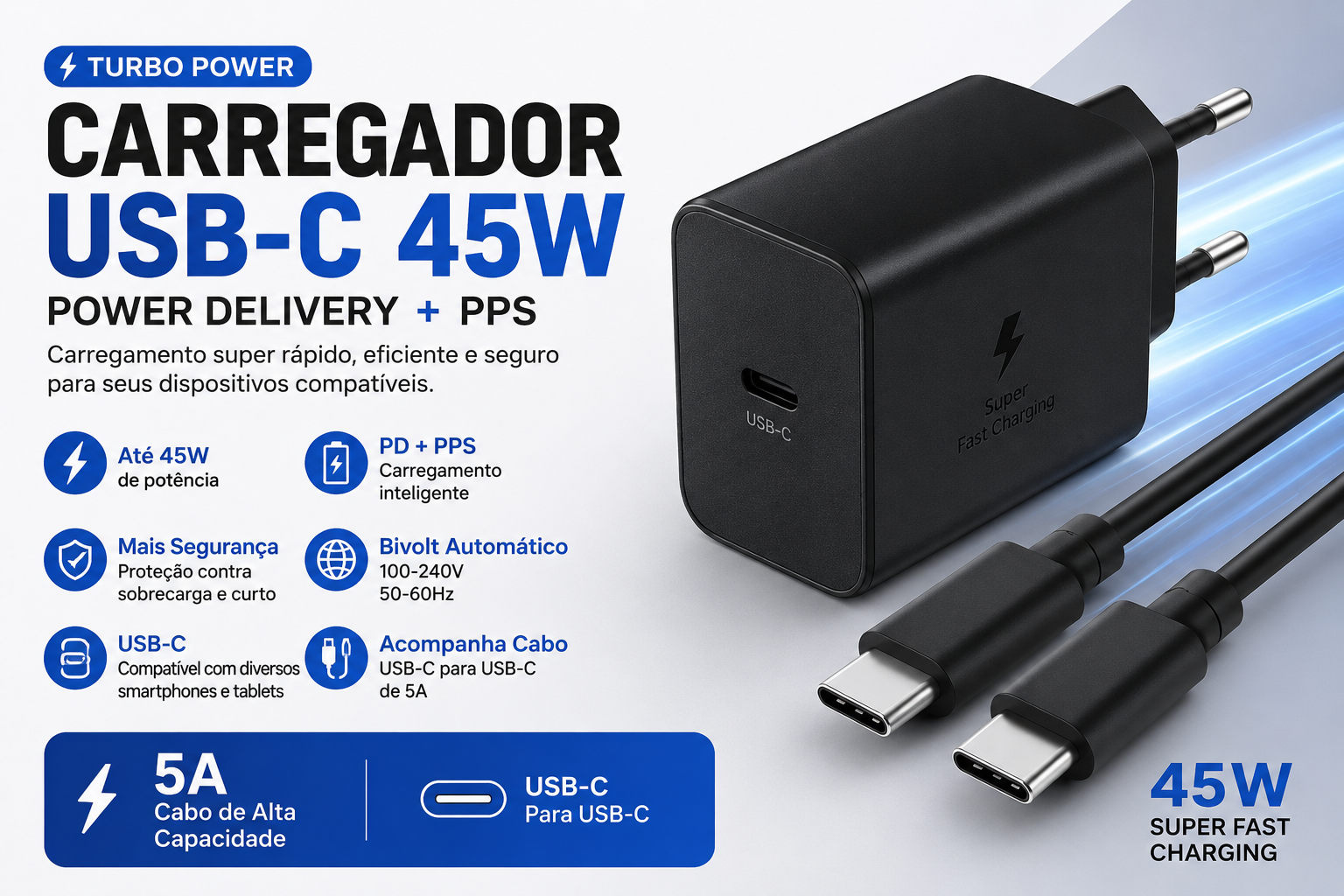 Carregador Turbo 45W USB-C com Cabo Tipo-C 5A